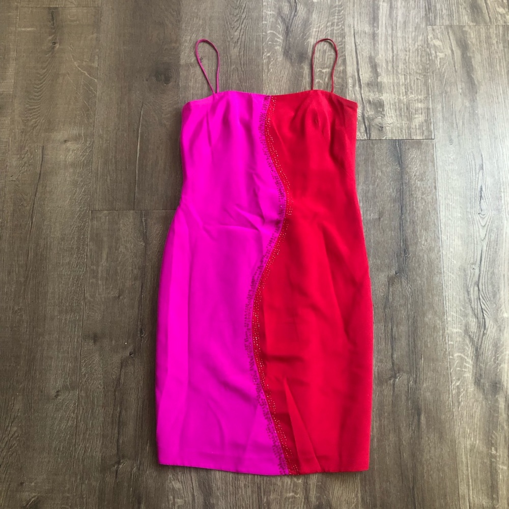 David Meister Hot Pink Red Color Block Beaded Mini Dress 2